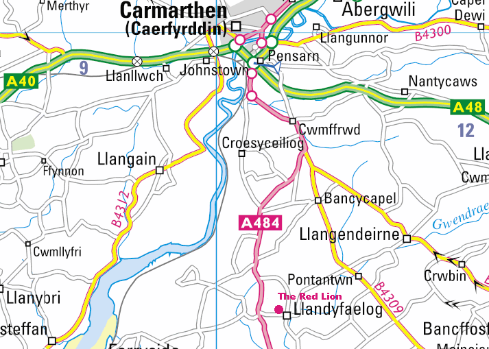 The route to The Red Lion in Llandyfaelog